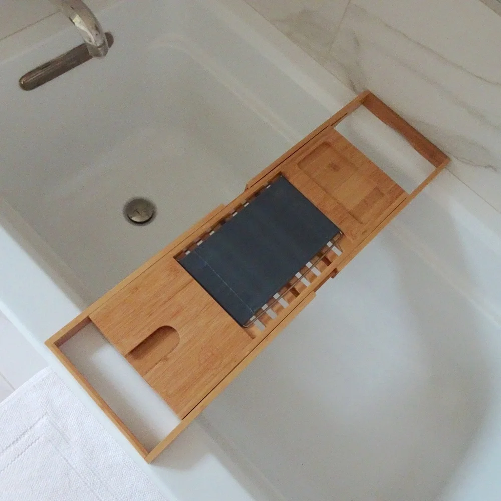 Bambüsi Collection Bamboo Extendable Bathtub Caddy - Wine, iPhone, Tablet Holder